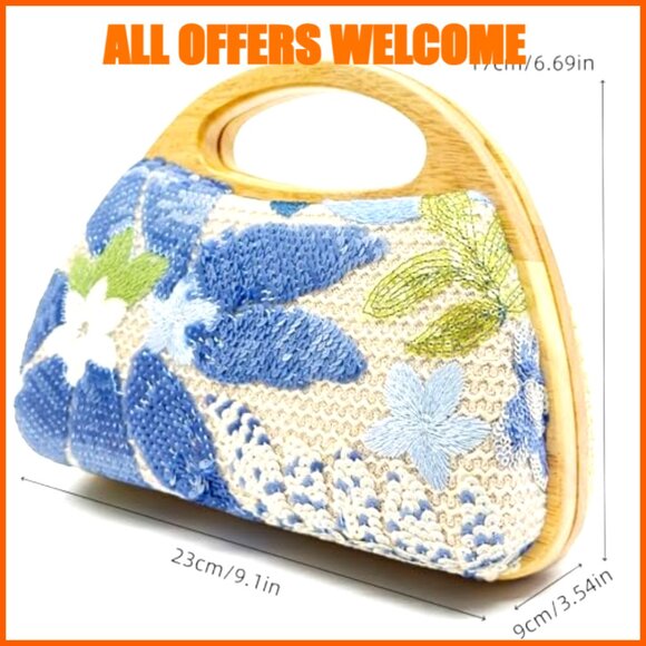 Straw Clutch Handbag with Sequined Flower Embroidery and Removable Chain